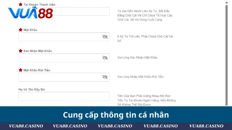 Đăng Ký VUA88 - Hướng Dẫn Thao Tác Nhanh Chóng, An Toàn Cung cấp thông tin cá nhân