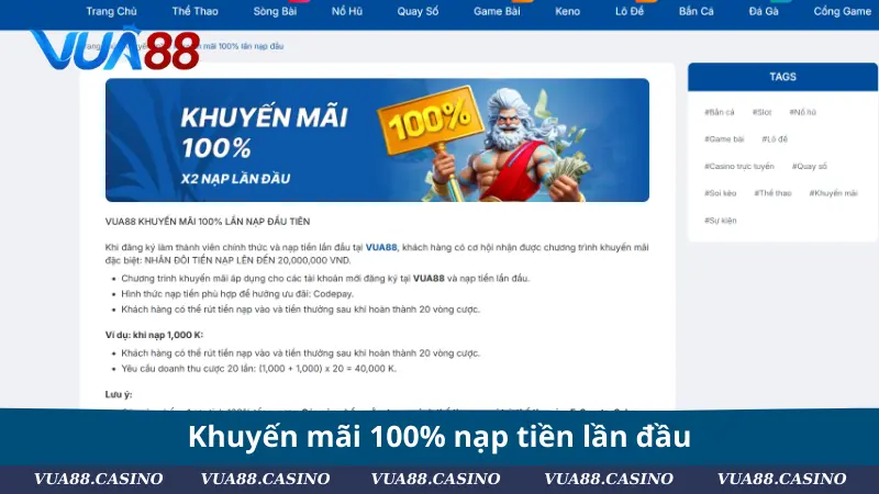 Khuyến Mãi VUA88 - Tham Gia Ngay, Nhận Thưởng Lớn Liền Tay Khuyến mãi 100% nạp tiền lần đầu