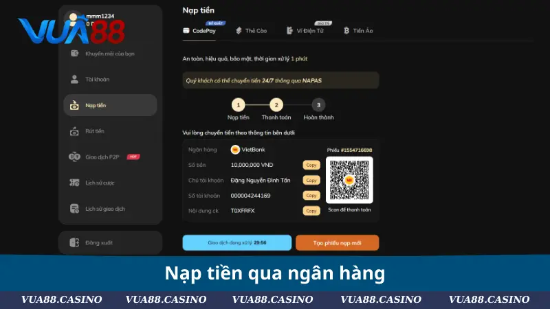 Nạp Tiền VUA88 - Thao Tác Đơn Giản, Đặt Cược Hấp Dẫn Nạp tiền qua ngân hàng