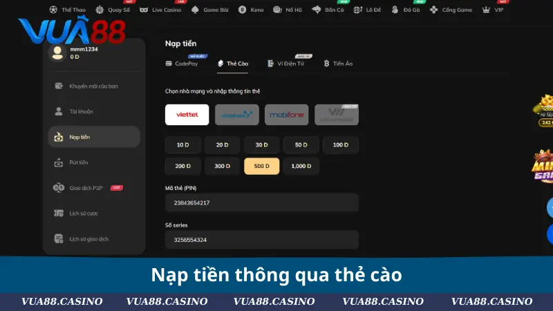 Nạp Tiền VUA88 - Thao Tác Đơn Giản, Đặt Cược Hấp Dẫn Nạp tiền thông qua thẻ cào