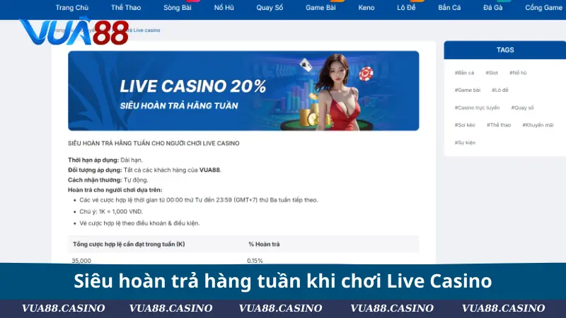 Khuyến Mãi VUA88 - Tham Gia Ngay, Nhận Thưởng Lớn Liền Tay Siêu hoàn trả hàng tuần khi chơi Live Casino